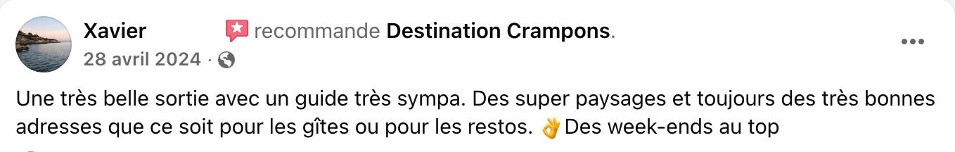 Avis FB Haute-Loire Xavier : "Une très belle sortie avec un guide très sympa. Des super paysages et toujours des très bonnes adresses que ce soit pour les gîtes ou pour les restos. ‹ Des week-ends au top"