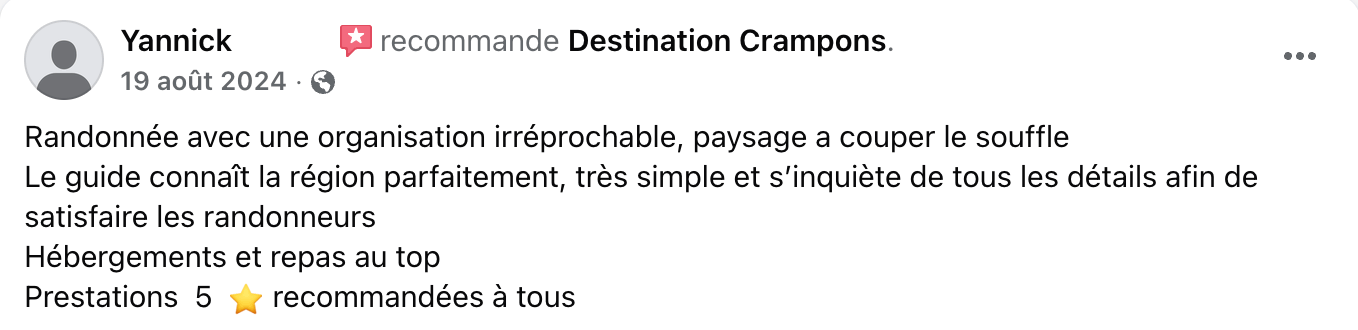 Avis FB Haute-Loire Yannick : "Randonnée avec une organisation irréprochable, paysage a couper le souffle Le guide connaît la région parfaitement, très simple et s'inquiète de tous les détails afin de satisfaire les randonneurs Hébergements et repas au top Prestations 5 recommandées à tous"