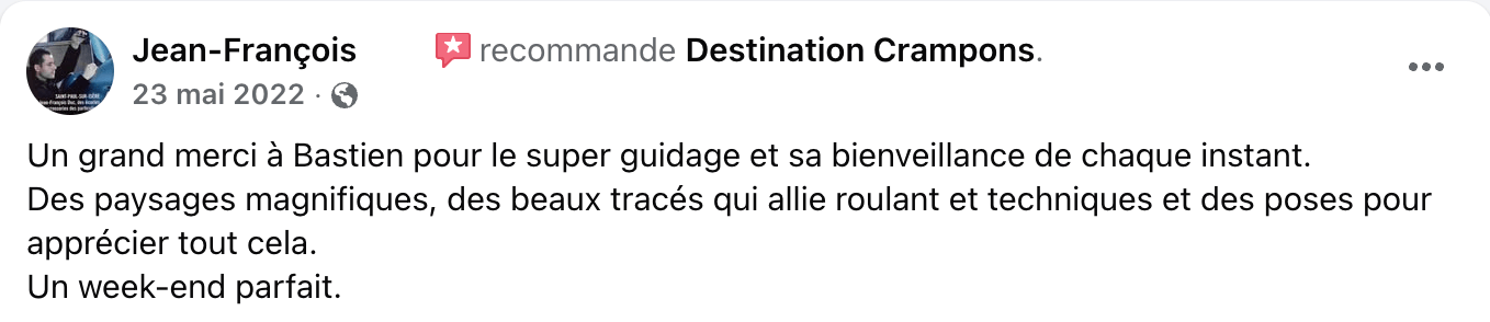 Avis FB Jean-François : "Un grand merci à Bastien pour le super guidage et sa bienveillance de chaque instant. Des paysages magnifiques, des beaux tracés qui allie roulant et techniques et des poses pour apprécier tout cela. Un week-end parfait."