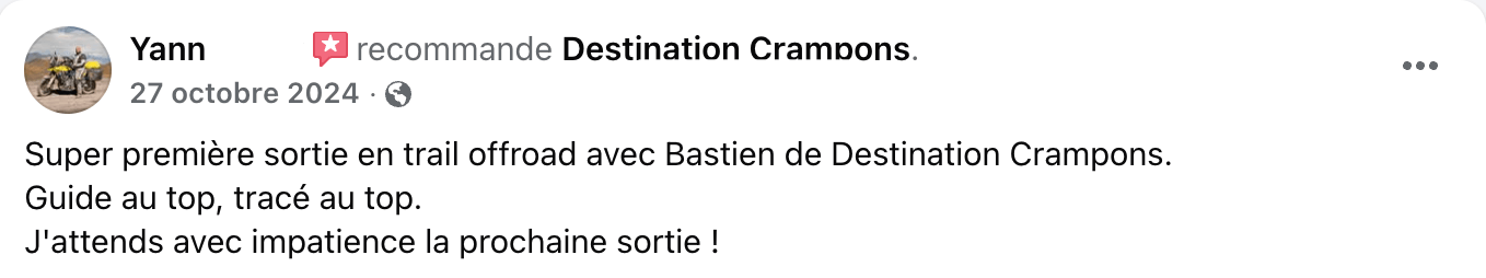 Avis client : "Super première sortie en trail offroad avec Bastien de Destination Crampons. Guide au top, tracé au top. J'attends avec impatience la prochaine sortie !"